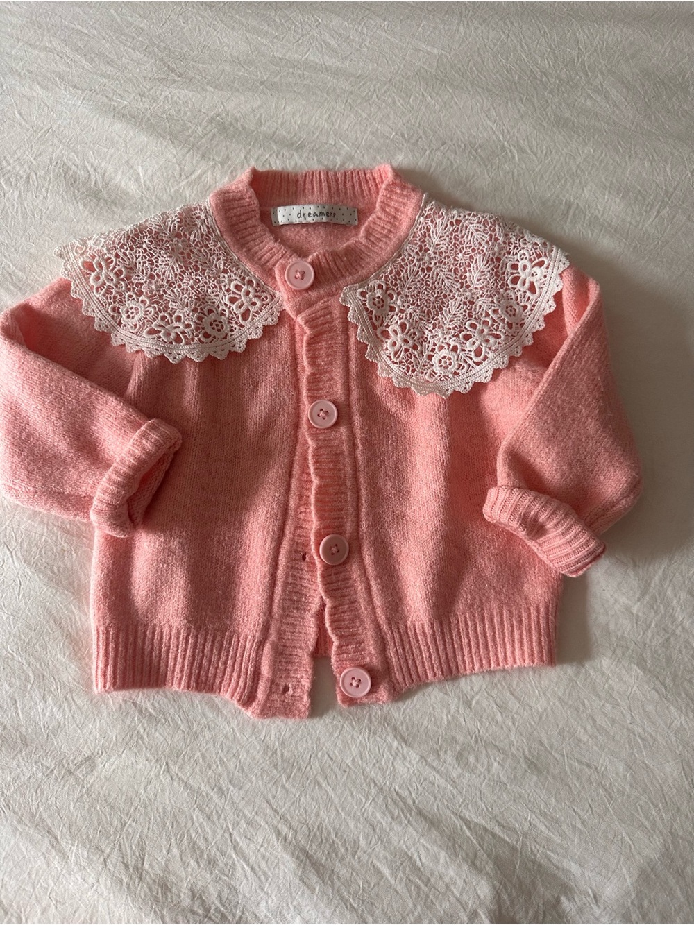 Dreamers Pink Knit Baby Cardigan with White Lace Collar